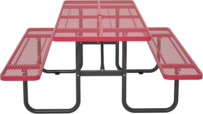 72'' Rectangular Metal Picnic Table with 1.73" Umbrella Hole, Heavy-Duty Commercial Grade Steel Mesh Table Set, Weather Resistant Sturdy for Outdoor, Smooth Round Corner Design, Red