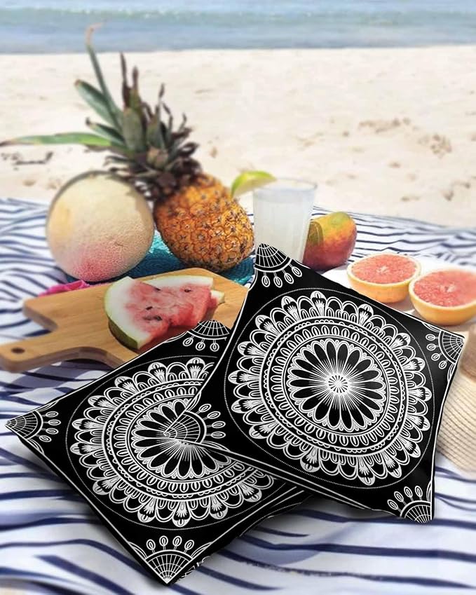 Outdoor Pillow Covers 18x18in Pack of 2 Waterproof Pillowcase Boho Ethnic Mandalas Floral Decorative Throw Cushion Case for Patio Couch Sofa Black White