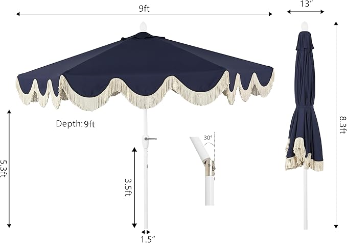 JONATHAN Y UMB1001 Collins 9 ft. Classic Cottage Tassel Market Patio Umbrella with Auto-Tilt, Crank, Wind Vent and UV Protection