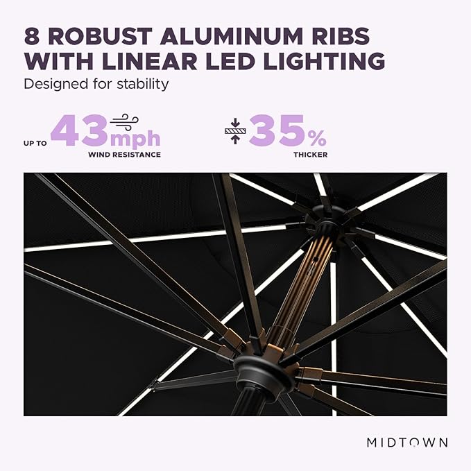 Midtown Umbrellas The LED Swilt 9 Feet Patio Umbrella With Terylast Ebony (Black) Polyester Fabric - Auto-Tilt Aluminum Frame With LED Lights For Backyard, Deck, Garden, Pool - Black Pole