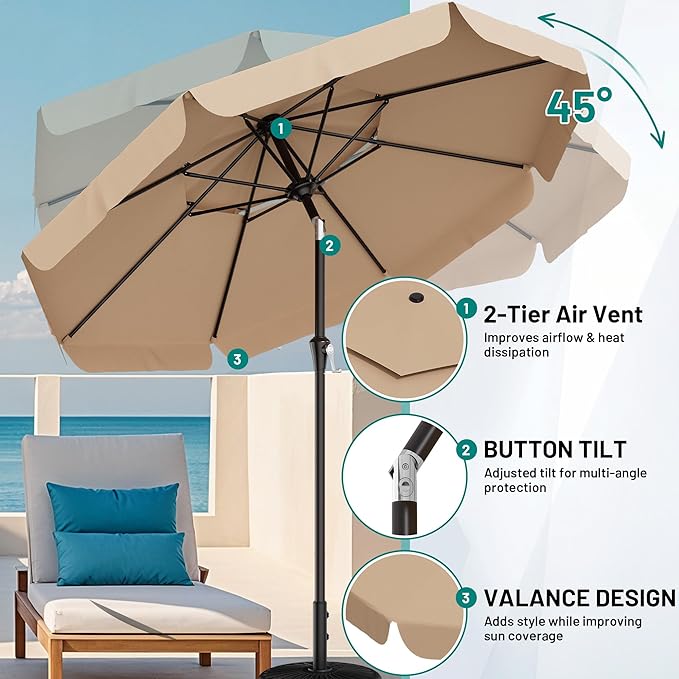 AreShark 9ft 2-Tier Patio Umbrella with Valance - Outdoor Umbrella Waterproof UV Protection, Market Table Umbrella w/Push Button Tilt&Crank for Pool, Porch, Garden(Beige)