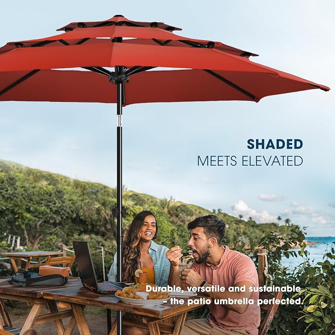 wikiwiki 10ft 3-Tier Patio Umbrella Outdoor Table Market Umbrella for Patio with Push Button Tilt/Crank, Fade Resistant Waterproof POLYESTER Canopy for Garden, Lawn, Deck, Backyard & Pool, Red