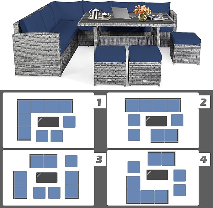 HAPPYGRILL 7 Pieces Rattan Wicker Patio Conversation Set, Outdoor Patio Furniture Set with Cushions, Rattan Sofa Set with Dining Table & Ottomans for Poolside Backyard Balcony Garden (Navy)