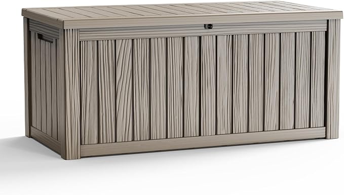 150 Gallon Outdoor Deck Box, Resin Waterproof Storage Box With Lockable Lid, UV-Resistant Multi-Purpose Outdoor Storage Bench for Patio Cushions, Garden Tools, Pool Accessories (Grey)