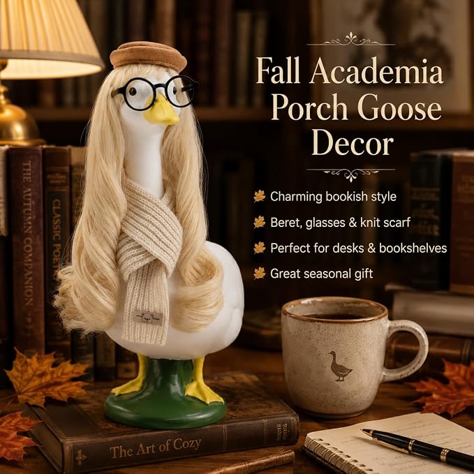 Back to School Bookish Porch Goose Outfit with Goose Blonde Wig 1 Pack Fall Academia Preppy Porch Goose Accessories for 17" & 23" Lawn Goose Statues