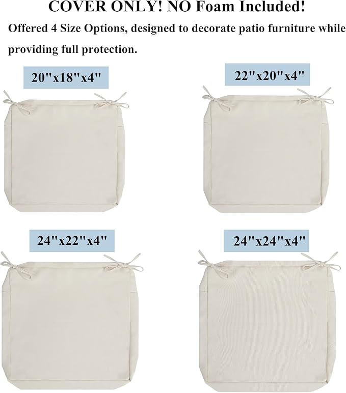FUNHOME Outdoor Chair Cushion Covers 2 Pack, No Insert! Patio Cushion Covers Replacement 22" x 20" x 4", Water Resistant Patio Chair Cushion Slipcovers, Cream White(Covers ONLY)