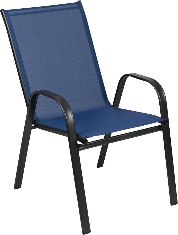 EMMA + OLIVER Bartlett 7-Piece Outdoor Dining Set, Patio Table with Tempered Glass Top and Umbrella Hole, 6 Flex Comfort Textilene Stack Chairs, 60", Navy/Black
