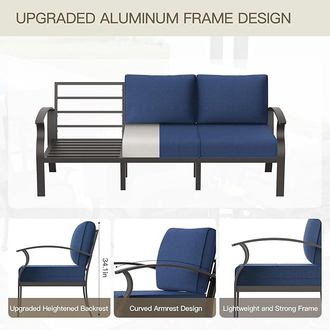 Aluminum Patio Furniture Set Patio Conversation Set,10 Seats Metal Modern Outdoor Furniture w/5.1" Cushions,Patio Sectional w/Swivel Chairs for Patio,Backyard,NavyBlue