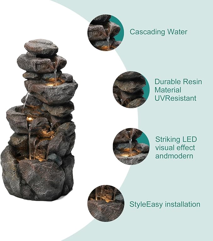 28" Outdoor Water Fountain - Durable Polyresin Natural Rock Style Waterfall with LED Lights & Adjustable Pump, Serene Water Fountain Outdoor for Garden, Patio, Deck, and Backyard Decor (27.95")