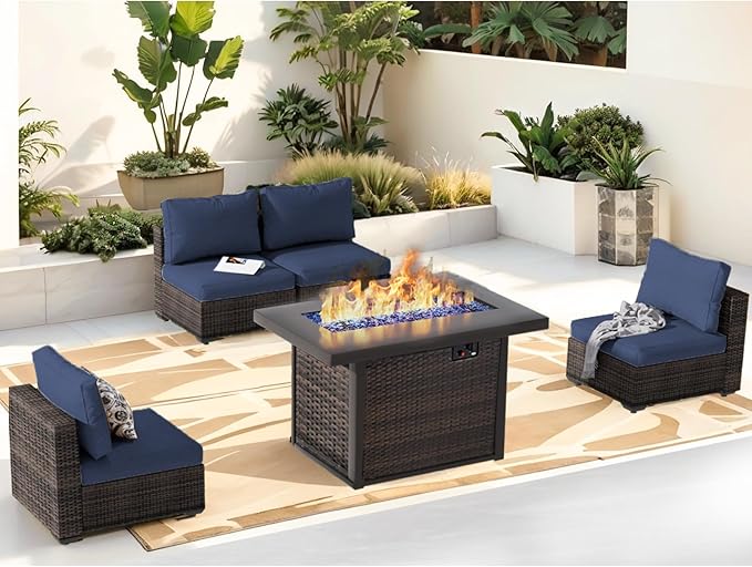 Outdoor Sectional Furniture, 5 Piece Patio Furniture Set with 42-inch Fire Wicker Propane Fire Pit Table - All Weather Wicker Rattan Couch Sofa Conversation Set for Backyard Lawn Poolside Deck, Blue