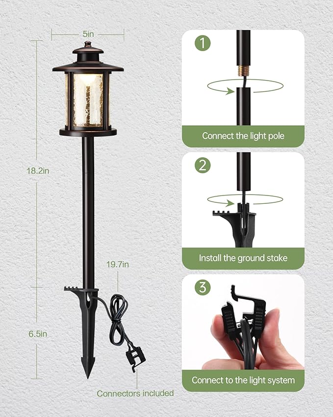 LITFIT Low Voltage Landscape Lighting, 12V 3.4W 155LM 3000K Outdoor Path Lights with Connectors, Crackled Shade, ORB Finish, Waterproof Aluminum LED Walkway Light Wired for Garden Yard, 4 Pack