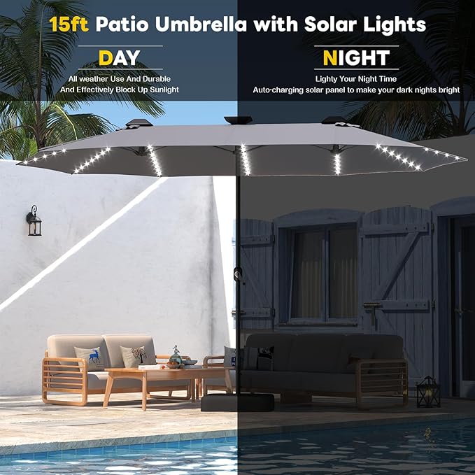 AECOJOY 15ft Double-Sided Patio Umbrella with Solar Lights, Outdoor Rectangle Market Large Patio Umbrella with Base Include|Crank Handle|156 PCS LED Lights for Garden Deck Pool in Grey(1.9" Pole)