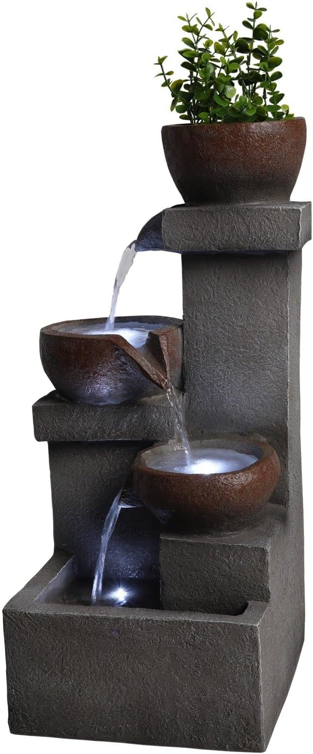 Outdoor Water Fountain with LED Lights, 23.6" Tiered Cascading Waterfall Fountain with Planter, Weather-Resistant Resin Garden Fountain for Patio Backyard Porch Decor, Gray