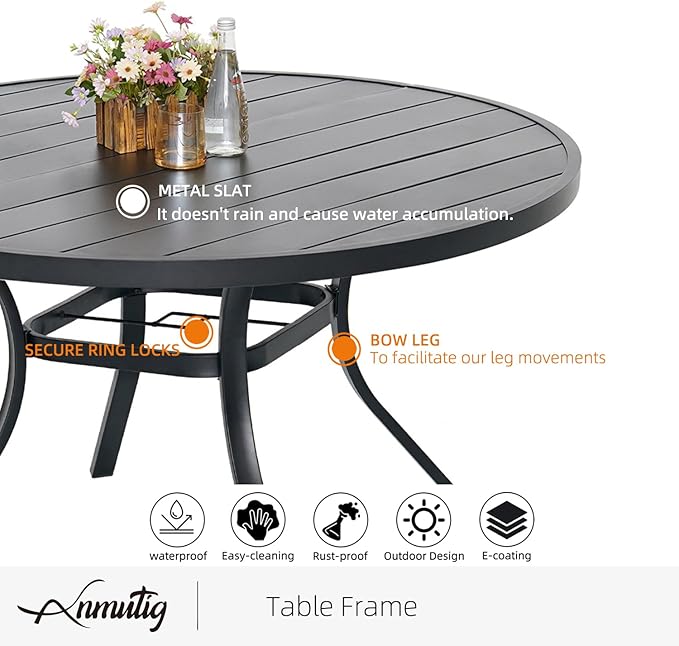 Anmutig 7-Piece Outdoor Dining Set, 48'' Round Table with 6 Stackable Chairs All Weather Furniture Set - Grey