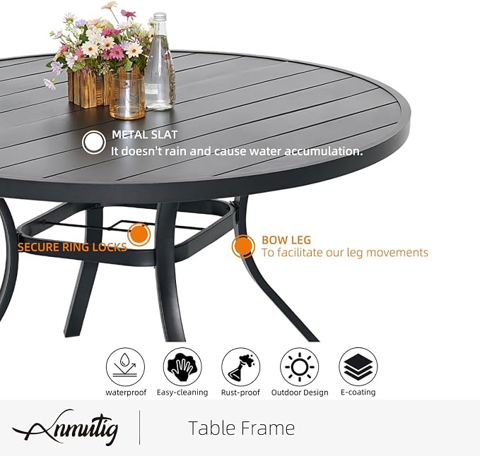 Patio Dining Set 7 with Outdoor 48" Round Table and Gray Stacking Chairs | 6 Person Use, 6 Piece Stackable Chairs, Textilene Seat & Back, Round Slat Table Top, 1.56"-1.9" Umbrella Hole, All Weather