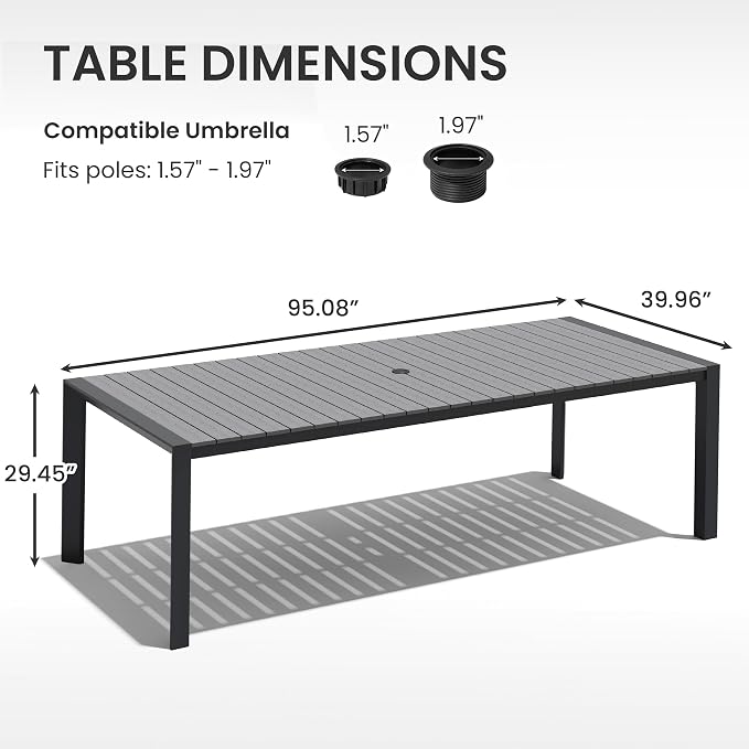 Crestlive Products 95" Outdoor Dining Table for 10, Aluminum Patio Dining Table with Umbrella Hole Weather-Resistant Rectangle Outside Table for Garden Backyard Deck, Grey