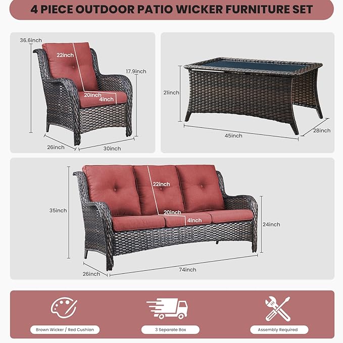 Belord Patio Wicker Furniture 4 Pieces Outdoor Furniture Set Patio Sofa Set with Wicker Chairs and Coffee Table, Paito Conversation Set for Porch Garden Deck Balcony Poolside Grey Red