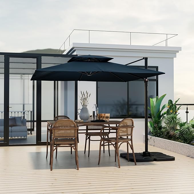 Tangkula 9.5 FT Cantilever Patio Umbrella, Outdoor Square Offset Umbrella with 360° Rotation, Double Top Heavy Duty Patio Hanging Umbrella with Cross Base for Garden Deck Pool Backyard (Navy)