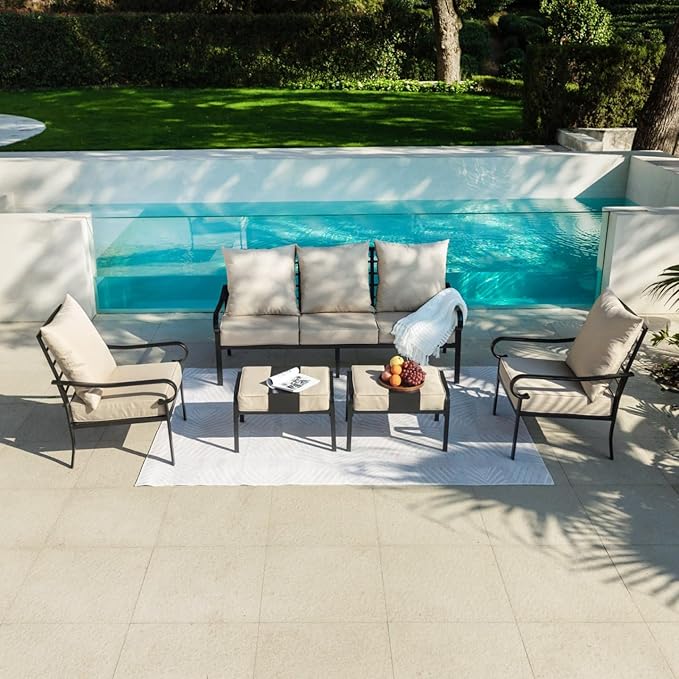 5 Piece Patio Furniture Set, Metal Patio Conversation Set with 1x3 Seater Sofa & 2xFixed Chairs & 2xOttomans, 5.75'' Extra Thick Cushion for Lawn Garden Backyard, Beige