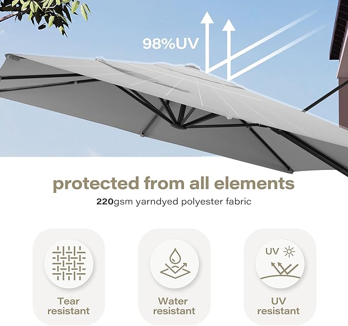 LAUSAINT HOME Patio Umbrella Outdoor, 10 Feet Cantilever Umbrella Aluminum Offset Umbrella with 360-degree Rotation for Backyard, Pool, Lawn, Deck (Square, Gray)