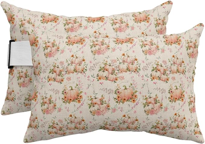 Outdoor Pillows Covers with Inserts Fall Thanksgiving Vintahe Pumpkins Eucalyptus Fall Waterproof Pillow with Adjustable Strap Throw Pillows for Patio Furniture Recliner Lounge Chair, 11x16 inch, 2PCS
