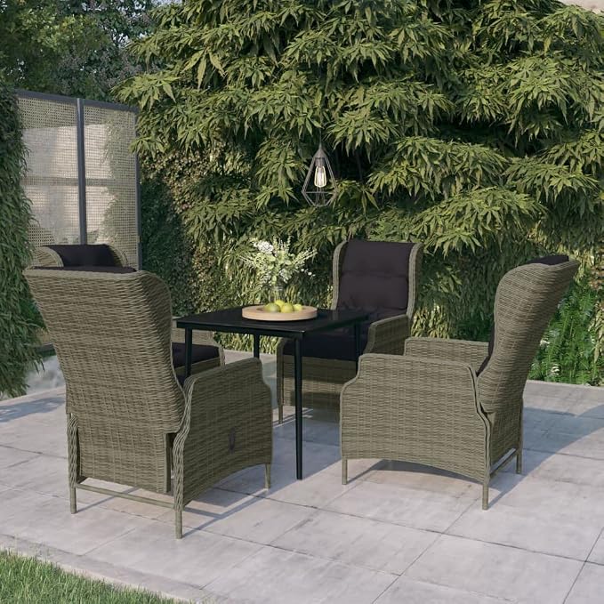 5 Piece Patio Dining Set Brown Wicker Rattan Outdoor Furniture Set with Reclining Chairs and Cushions Glass Table for Garden Backyard Deck Entertaining