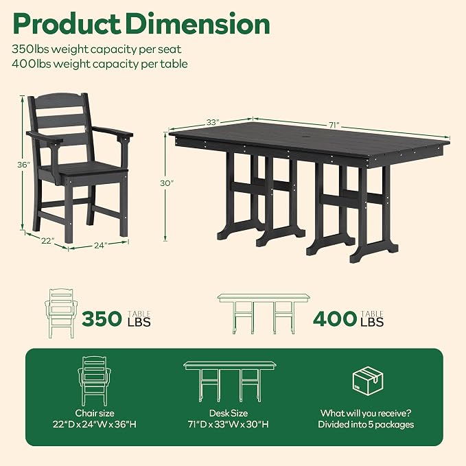 HOPUBUY 7 Pieces Patio Dining Set for 6, 71" HDPE All-Weather Patio Table and Chairs Set with Umbrella Hole, Durable Outdoor Furniture Set for Garden, Backyard, Lawn & Poolside (Black)