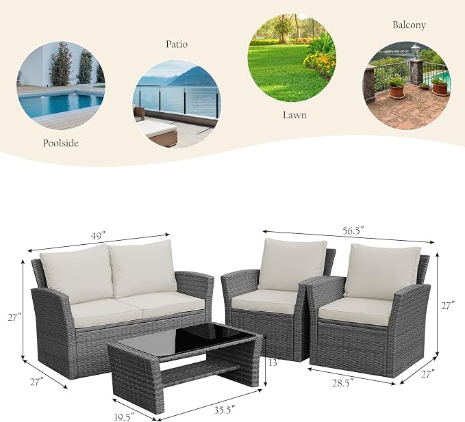 RELAX4LIFE 4 PCS Wicker Patio Furniture Set with Soft Cushions & Tempered Glass Table Outdoor Rattan Sofa Set for Backyard Garden Balcony Poolside Sectional Conversation Couch Set (Beige)