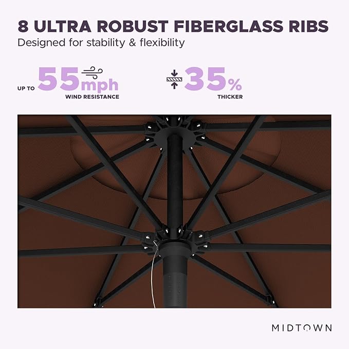 Midtown Umbrellas Push & Pop 9 Ft Patio Umbrellas with Push & Pop Mechanism, Fiberglass Ribs & Sunbrella Fabric – Outdoor Umbrella for Deck, Pool, Cafés and Hotels – Bay Brown Canopy, Black Pole