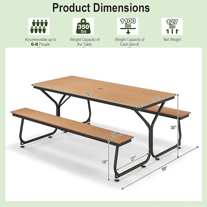 Tangkula 6 Ft HDPE Picnic Table, Plastic Picnic Table with 2 Benches, Umbrella Hole, Heavy-Duty Metal Frame, 8 Adjustable Foot Pads, 6-8 Person Outside Table Bench Set, 2550 lbs Capacity