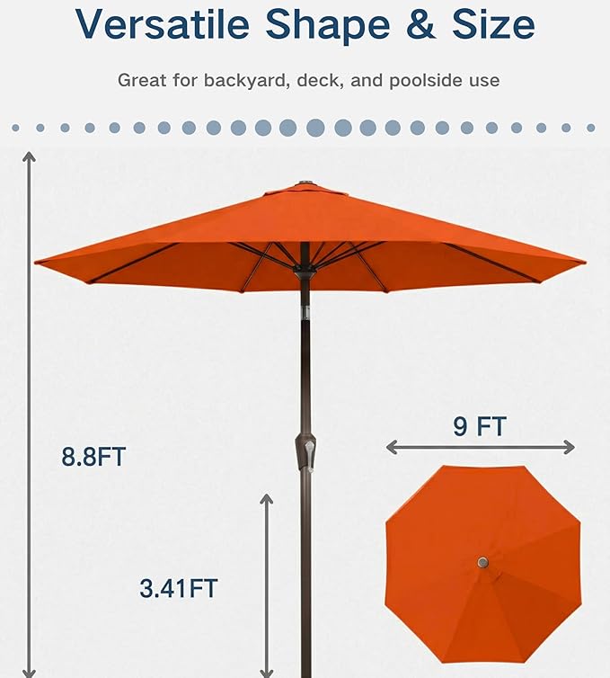 PatioKingdom Auto-Tilt 9FT Patio Umbrella Outdoor with 8 Sturdy Fiberglass Ribs,Market Table Umbrella for Pool,Backyard,Deck and Garden