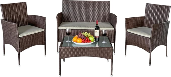 GIANGSUNNY 4 Piece Patio Furniture Set, Outdoor Hand-Woven Wicker Rattan Conversation Set with Double-Sided Tempered Glass Table, Weather-Resistant Seating for Patio, Balcony, Porch, Garden (Brown)