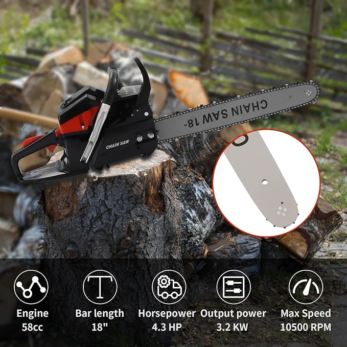 Gas Chainsaw,18 Inch Power Chain Saw with Air-cooled,58CC 3.2KW Gas Powered Chainsaw Single-cylinder for Wood Cutting, Forest Felling, Tree Pruning