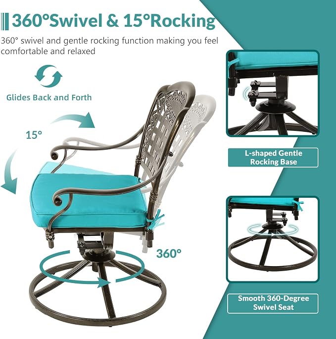 MEETWARM 9-Piece Outdoor Patio Dining Set, All Weather Cast Aluminum Patio Funiture Table and Chairs Set- 94.5” Rectangular Table and 8 Cushioned Swivel Rocker Chairs, Umbrella Hole, Ocean Blue