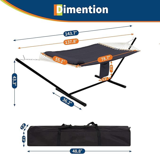 2 Person Hammock with Stand for Outdoor, 475 Lbs Capacity, Heavy Duty Portable Hammock with Adjustable Steel Stand for Patio, Garden, Beach, Backyard - Includes Carrying Bag, Dark Grey