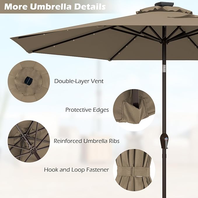 Giantex 9ft/10ft Outdoor Patio umbrella with Solar Lights, Table Market Umbrella with Crank and Push-button Tilt System, Solar LED Lighted Patio Umbrella for Backyard Deck Pool Beach