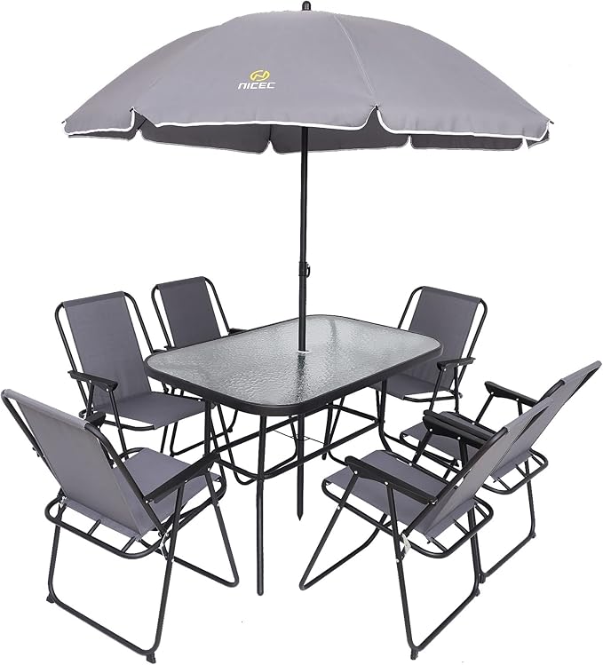 Nice C Outdoor Dining Sets, Patio Furniture Set, 8 Piece Set with Umbrella, Garden Outdoor Furniture Table Set with Removable Umbrella, Glass Table, and 6 Folding Chairs (Grey)