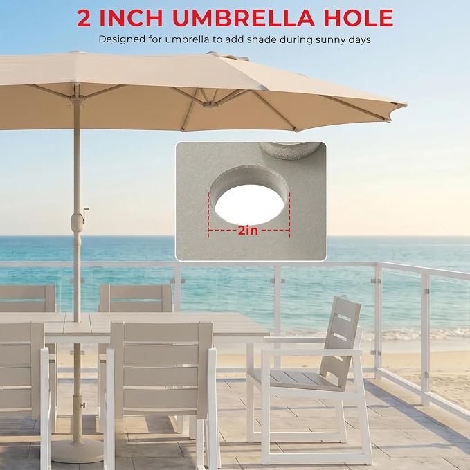 Costaelm Outdoor Dining Tables for Patio, 72" Rectangle 6-Person HDPE Dining Table with Umbrella Hole and Metal Frame for Outside, Garden, Poolside, Backyard, Porch, Balcony, Sand