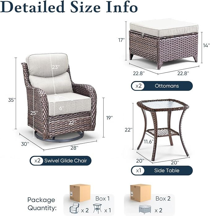 Belord Luxury 6" Thick Cushioned 5 Pieces Patio Furniture Set with 2 Ottomans, Wicker Outdoor Conversation Set with High Back Swivel Rocker Patio Chairs for Deck Porch Yard and Poolside - Brown+Beige
