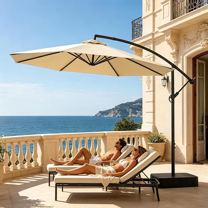 SUNYRISY 10ft Outdoor Patio Umbrella with Base Included, Large Cantilever Offset Umbrella with Sandbag Base Included for Deck, Pool, Porch, and Backyard Shade, Easy to Tilt and Crank