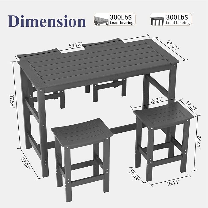 5Pcs Poly Lumber Outdoor Patio Bar Set, All Weather HIPS Bar Table and Chairs Set for Outside, 55" Rectangular High Top Bar Table with 4 Bar Stools for Patio, Poolside, Balcony, Hot Tub, Blue