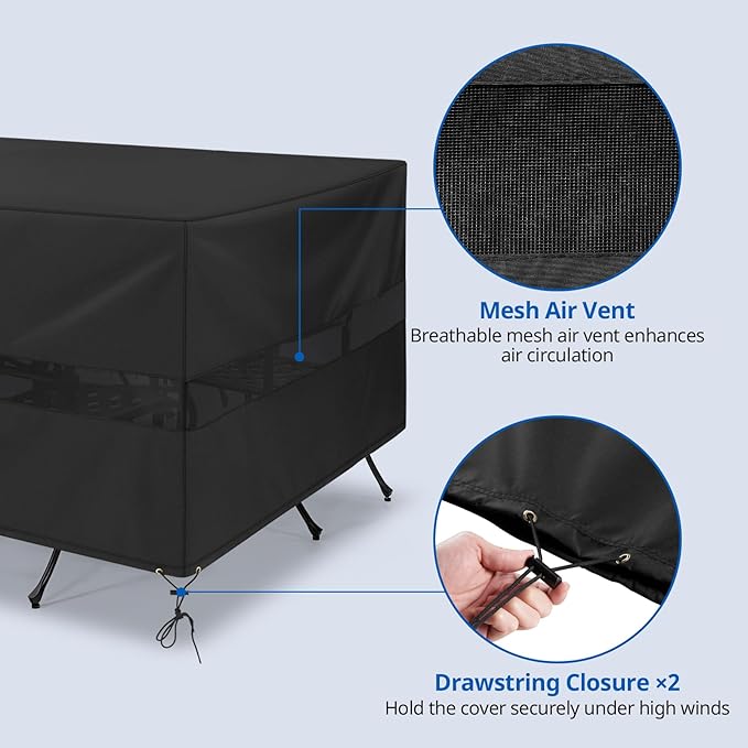 SunPatio Patio Furniture Covers Waterproof, Rectangular Table and Chairs Set Cover, Outdoor Furniture Set Cover with Drawstrings and Taped Seams, All Weather Protection, 76"W x 50"D x 30"H, Black