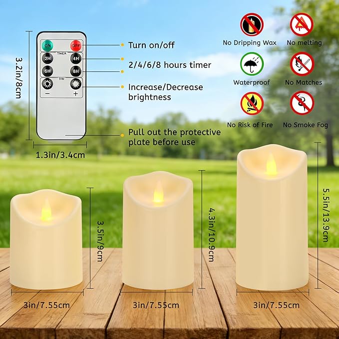 Outdoor Indoor Flameless Candles, Patented 3D Dual-LED, Set of 6 Slanted Top Durable Plastic Pillars with 2 Remotes & Timer, Non-Melting Waterproof Battery Candles for Patio Garden (Ivory)