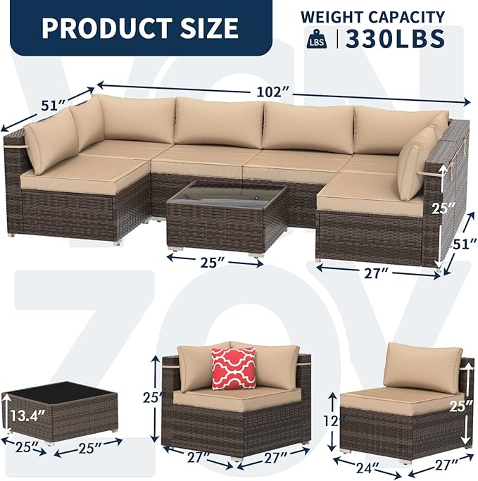 Outdoor Patio Furniture Set 7 Pieces Sectional Rattan Sofa Set, PE Rattan Wicker Patio Conversation Set with 6 Seat Cushions and 1 Tempered Glass Table and Furniture Cover, Brown