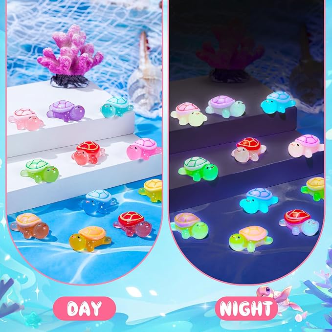 80Pcs Luminous Mini Resin Turtles Cute Tiny Turtle to Hide for Garden Micro | Glow in The Dark Turtle Animals Figurines, Landscaping Home Decor Party Presents(10 Colors)