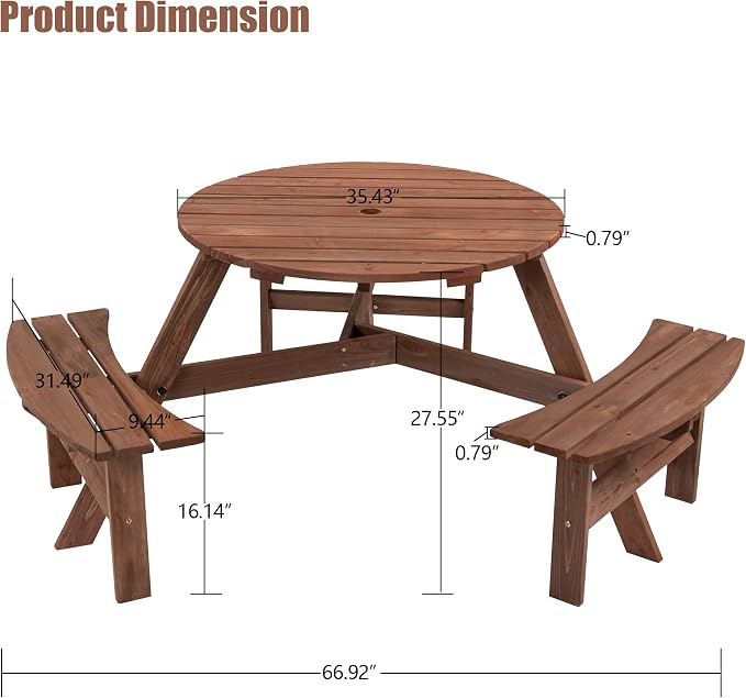 HomVent Wooden Picnic Table and Bench Set, 6-Person Circular Outdoor Table w/ 3 Built-in Benches & Umbrella Hole for Garden, Backyard, Porch (3 Bench, Brown)