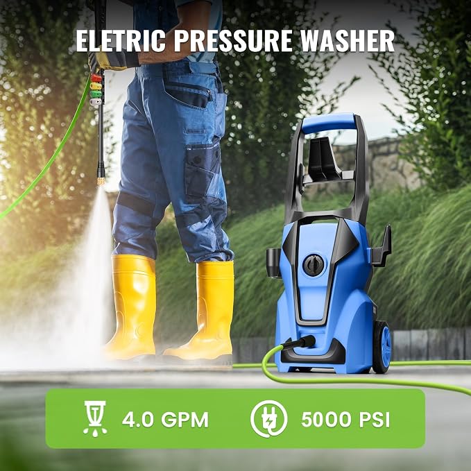 Electric Pressure Washer 5000PSI Max 4.0GPM with 33FT Flexible Extension Hose, 4 Nozzles, Foam Cannon, Power Washer Powered for Cars, Patios, Driveways, Blue