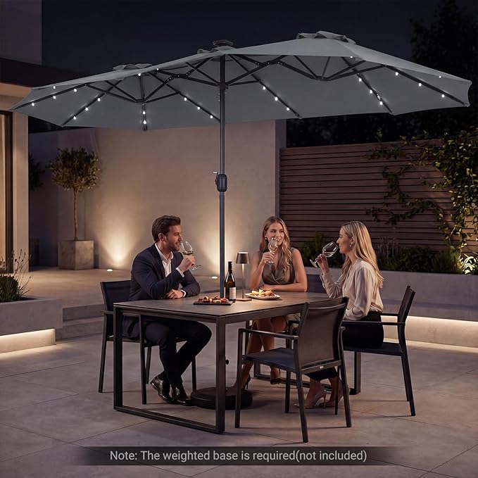 Tangkula 13 Ft Solar Patio Umbrella, Double-Sided Extra Large Outdoor Market Table Umbrella with 36 LED Lights, Crank Handle, 12 Sturdy Ribs for Poolside, Garden & Backyard (Gray)