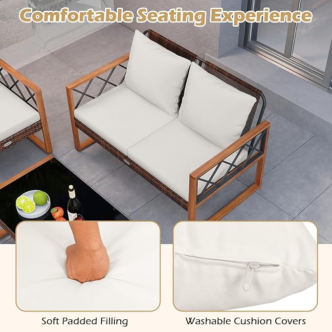 Tangkula 5 Pieces Wicker Patio Conversation Furniture Set, Outdoor Glass Coffee Tables with Acacia Wood Frame and Cushioned Armchairs for Deck, Garden and Backyard