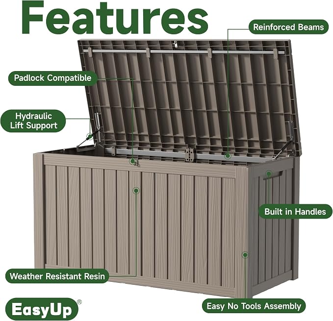 EasyUp 180 Gallon Outdoor Storage Box Waterproof, UV Resistant Resin Deck Box with Hydraulic Rod, Reinforced Stability for Patio, Garden, and Pool, Striped Gray